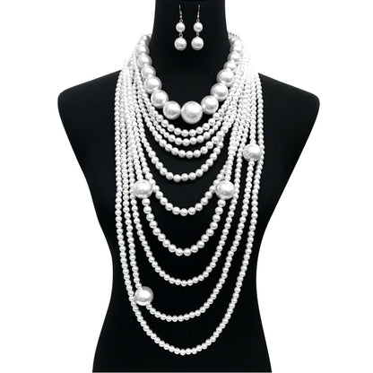 White Long White Pearl Necklace Set