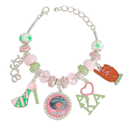 AKA Pink Green Sorority Charm Bracelet